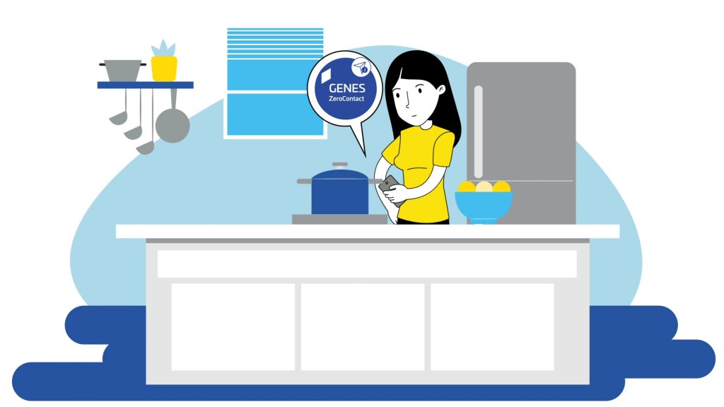 Imagen de una mujer en su cocina vistiendo una camiseta amarilla usando la aplicación de Ceinor, destacando las capacidades de videos animados de Colirio Films para empresas.
