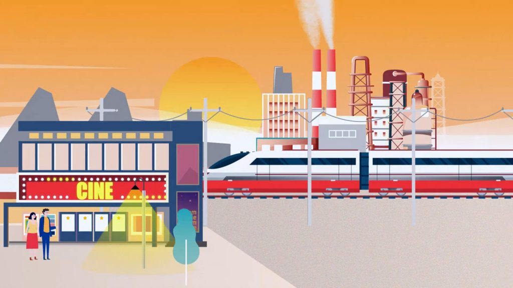 Imagen de un vídeo de animación corporativo en 2D de Colirio Films para Evercom, con una pareja en el cine al amanecer, destacando el impresionante amanecer de fondo.