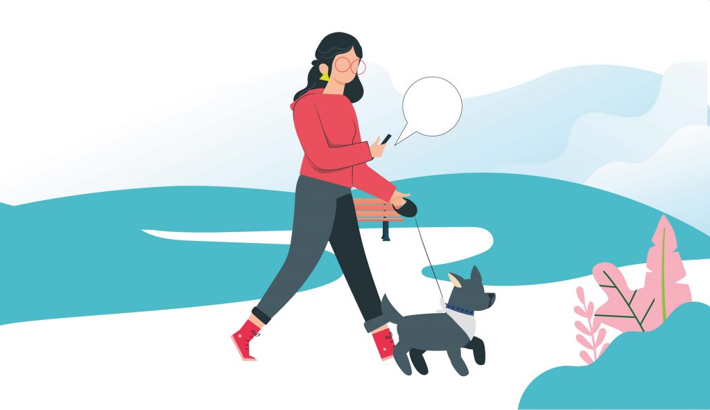 Imagen de una mujer con una camiseta roja caminando con su perro mientras usa la App de Fulltip en su teléfono móvil - Video animado de Colirio Films para Fulltip