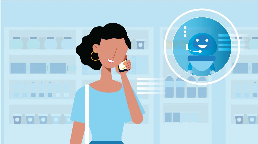 Imagen de una mujer en un supermercado hablando por teléfono con un bot de Inteligencia Artificial de Go Contact, representando la interacción de la tecnología con el comercio minorista. Una foto de los vídeos animados explicativos de Go Contact.