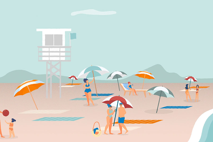 Escena de playa del video de animación de SafeBeach por Colirio Films