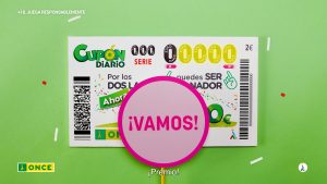 Imagen del billete de lotería sobre fondo verde con la palabra "Vamos" en el videotutorial de producto de Cupón Diario de La ONCE