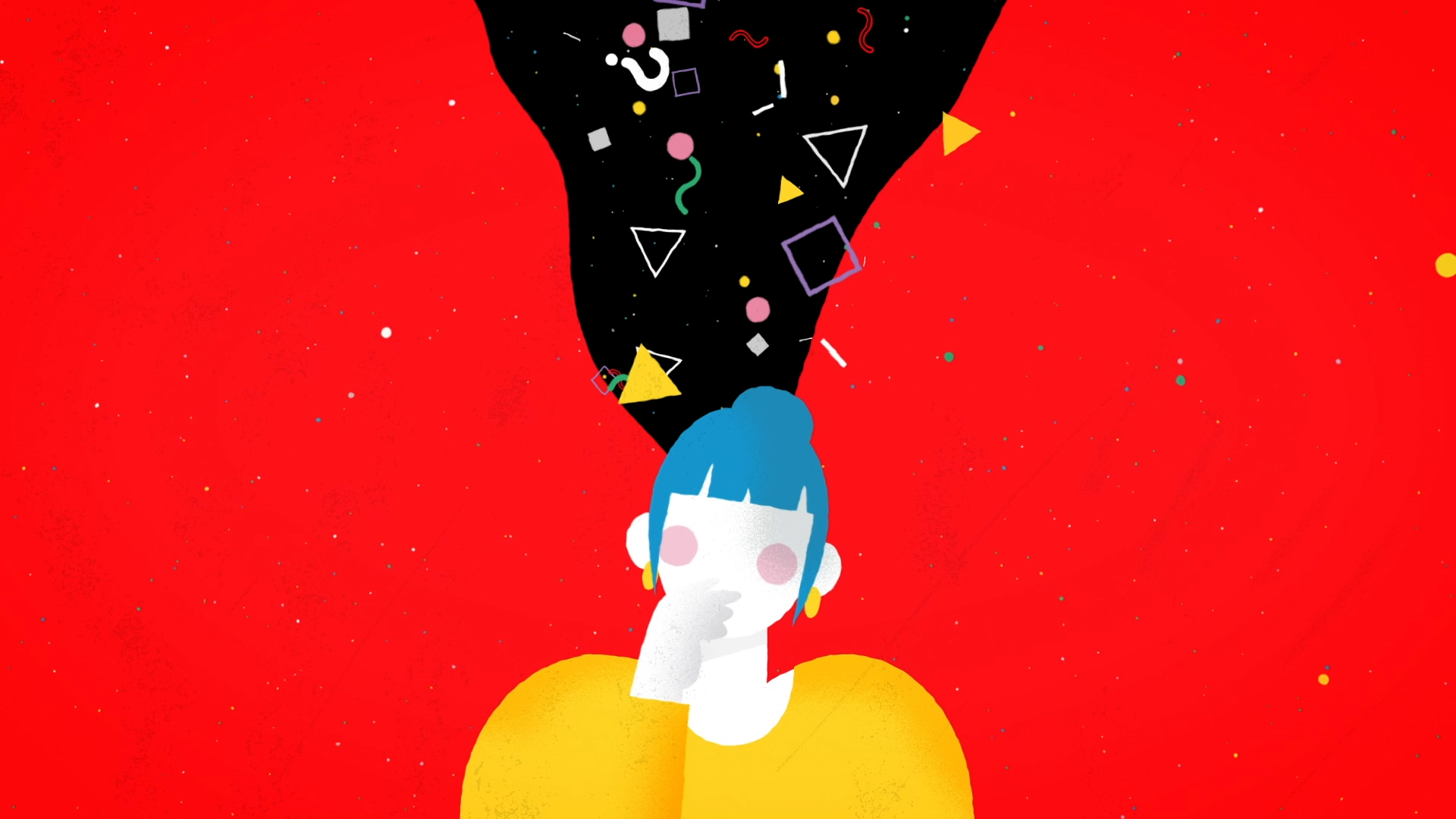 Imagen estática del vídeo corporativo de animación. Una mujer con cabello azul y una camisa amarilla se encuentra frente a un fondo rojo. Desde su cabeza emergen diversas formas y signos de interrogación en un fondo negro. La mujer está pensando.