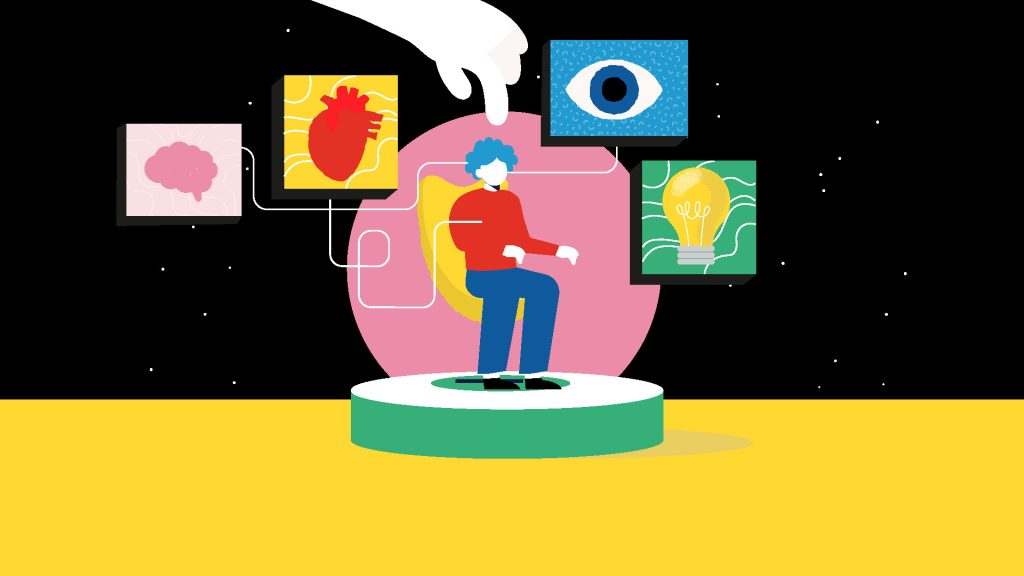 Imagen cautivadora del vídeo corporativo de animación donde un hombre con cabello azul, una camisa roja y pantalones azules se encuentra sentado en una silla amarilla flotante frente a un círculo rosa. El suelo es amarillo y el fondo está compuesto por estrellas, representando el espacio exterior. Una mano gigante lo ha colocado en esta silla. Junto a él se encuentran cuatro pantallas, cada una con una imagen diferente: un cerebro, un corazón, un ojo y una bombilla.