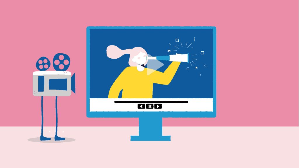 Imagen estática del vídeo corporativo de animación, con un fondo y suelo rosa. Se muestra un monitor gigante con un fondo azul, y una mujer con cabello rosa y una camisa amarilla mirando a través de un telescopio. Un ejemplo de storytelling visual.
