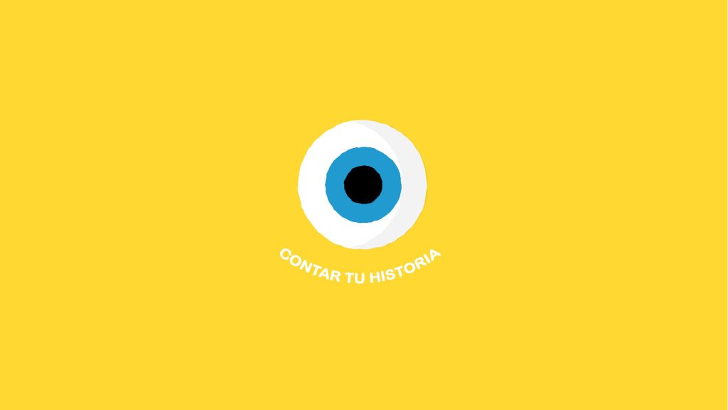 Imagen estática del vídeo corporativo de animación, con un fondo amarillo. En el centro, se encuentra un ojo con una pupila azul, y debajo del ojo, las palabras "contar tu historia" escritas en blanco.