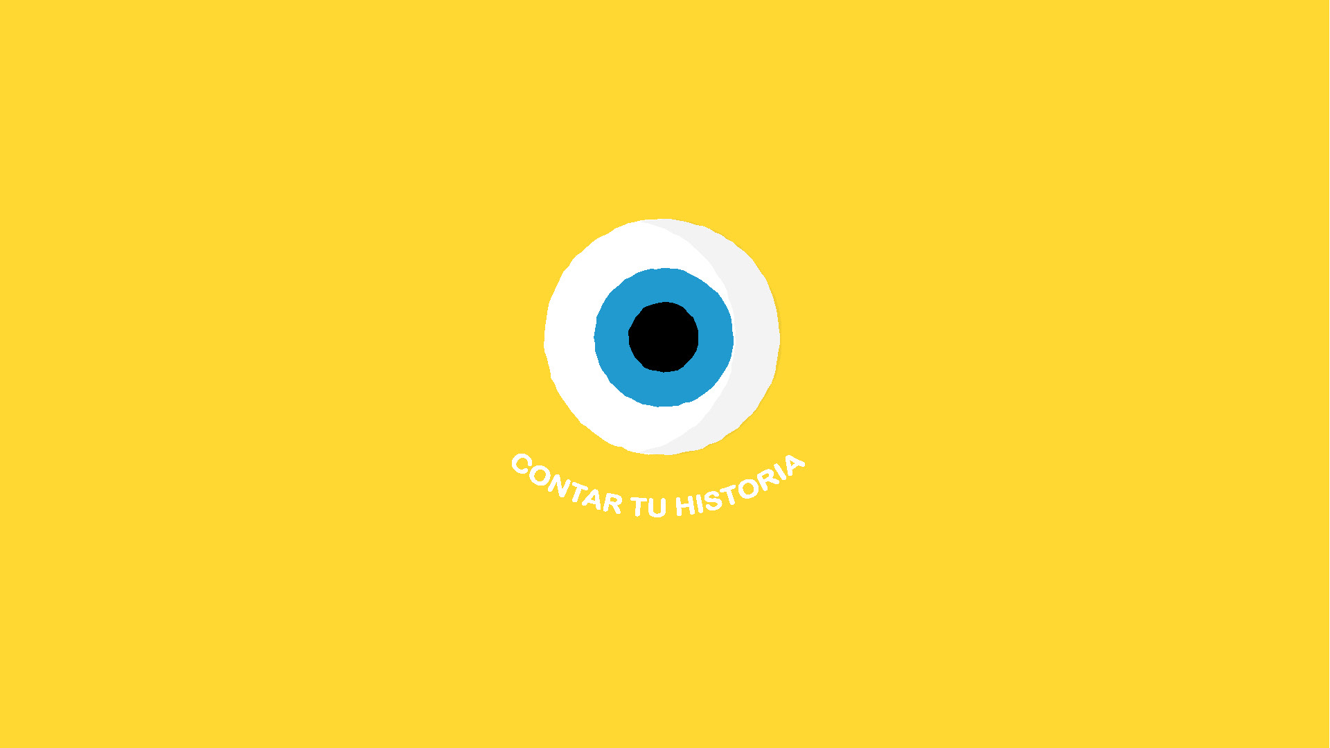 Imagen estática del vídeo corporativo de animación, con un fondo amarillo. En el centro, se encuentra un ojo con una pupila azul, y debajo del ojo, las palabras "contar tu historia" escritas en blanco.